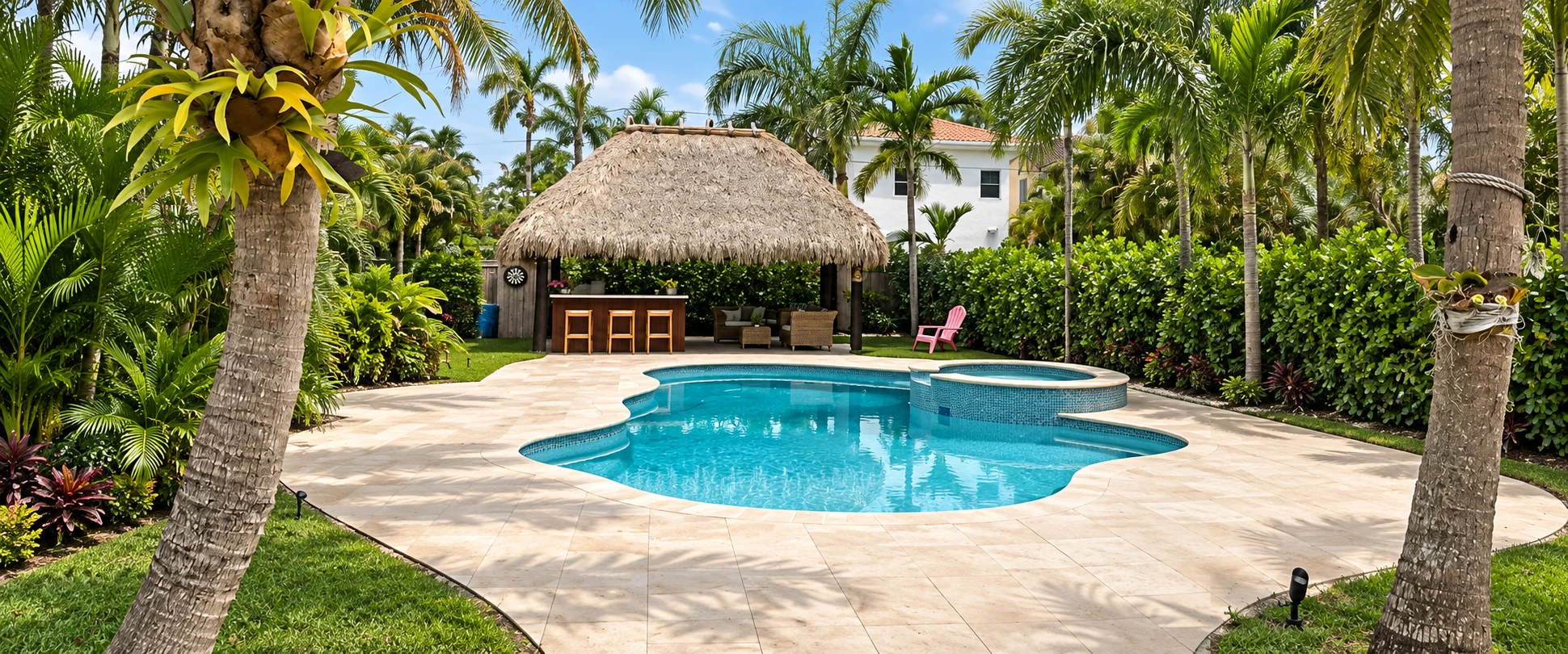 AI-enhanced view of a tropical backyard with a pool, spa and tiki hut