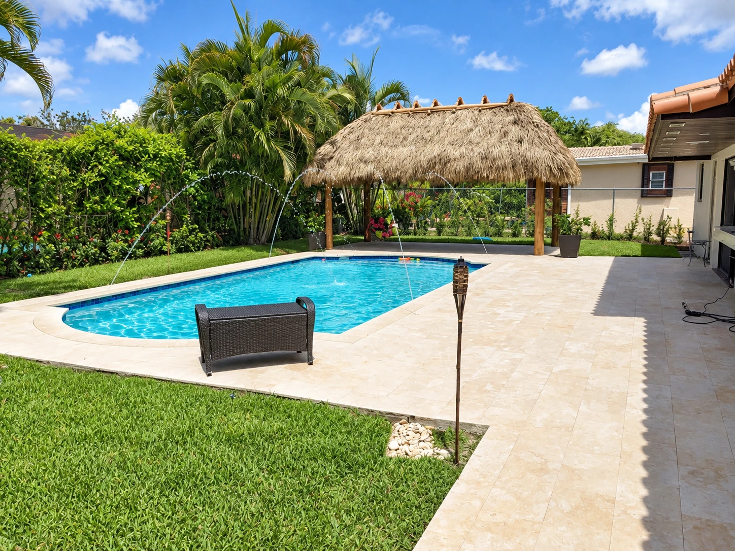AI-enhanced view of a thatched tiki hut beside a residential swimming pool