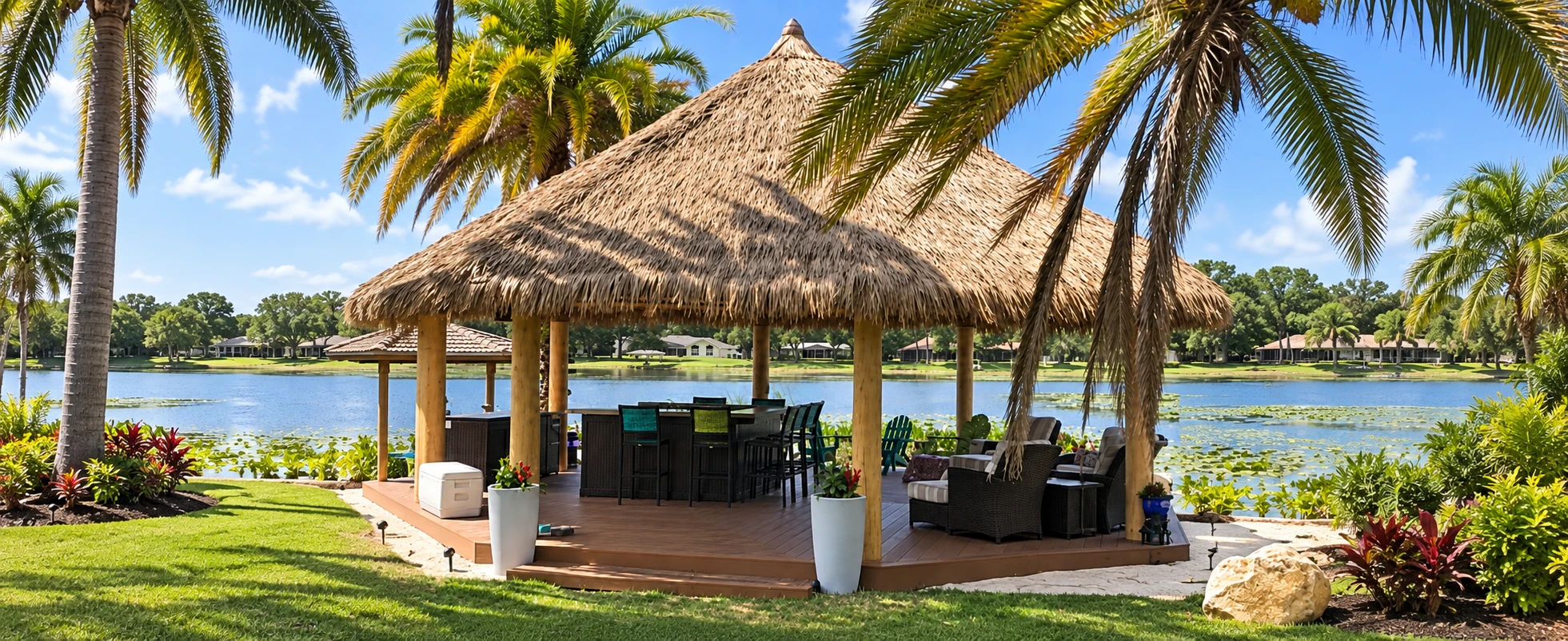 Enhanced view of a lakeside tiki hut with a thatched roof and outdoor seating